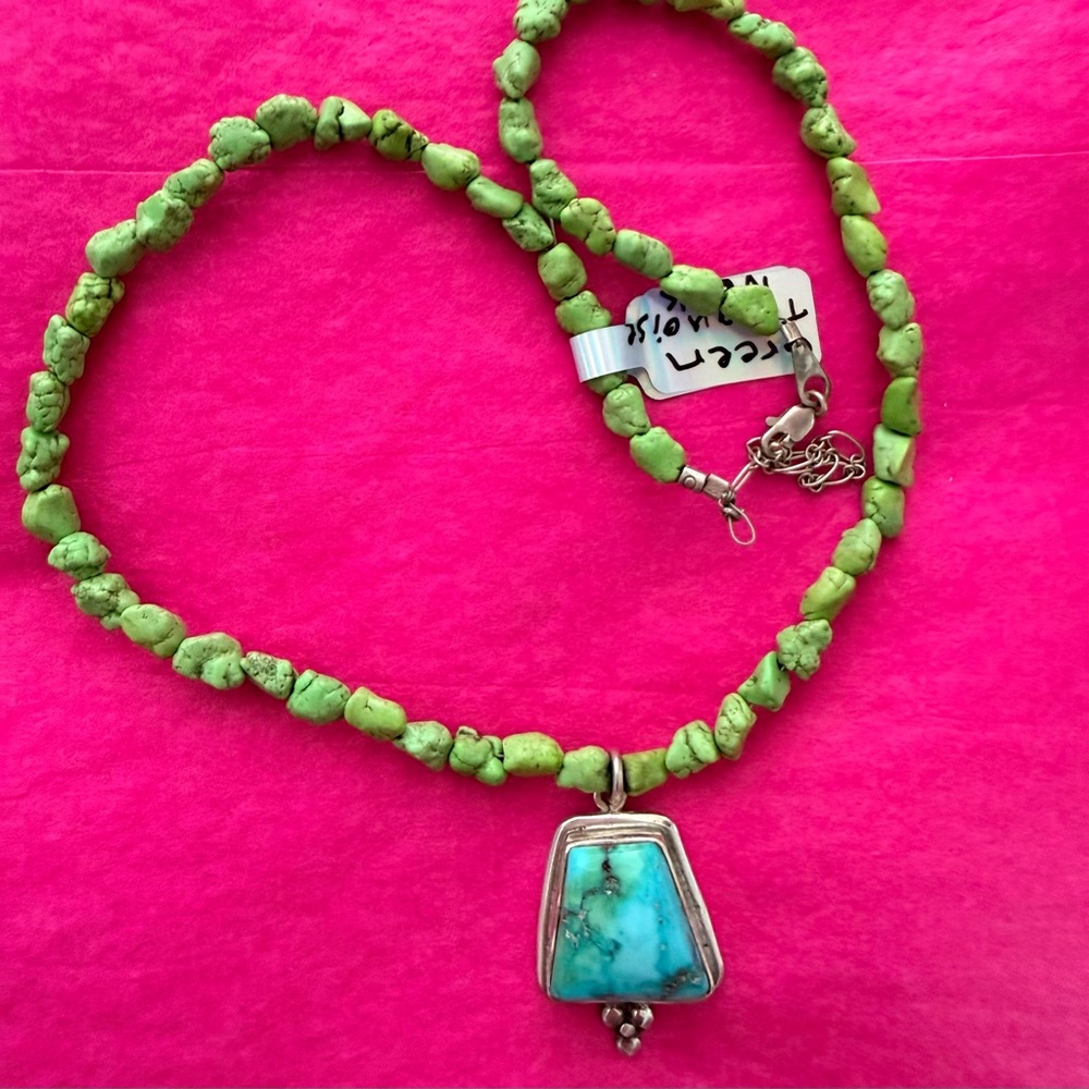 Green Turquoise Nugget Necklace with Blue Turquoise Pendant